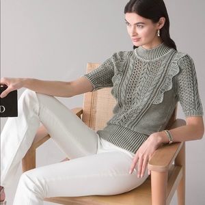 White House Black Market Ruffle Neck Cotton Sweater In Forever Olive Stone